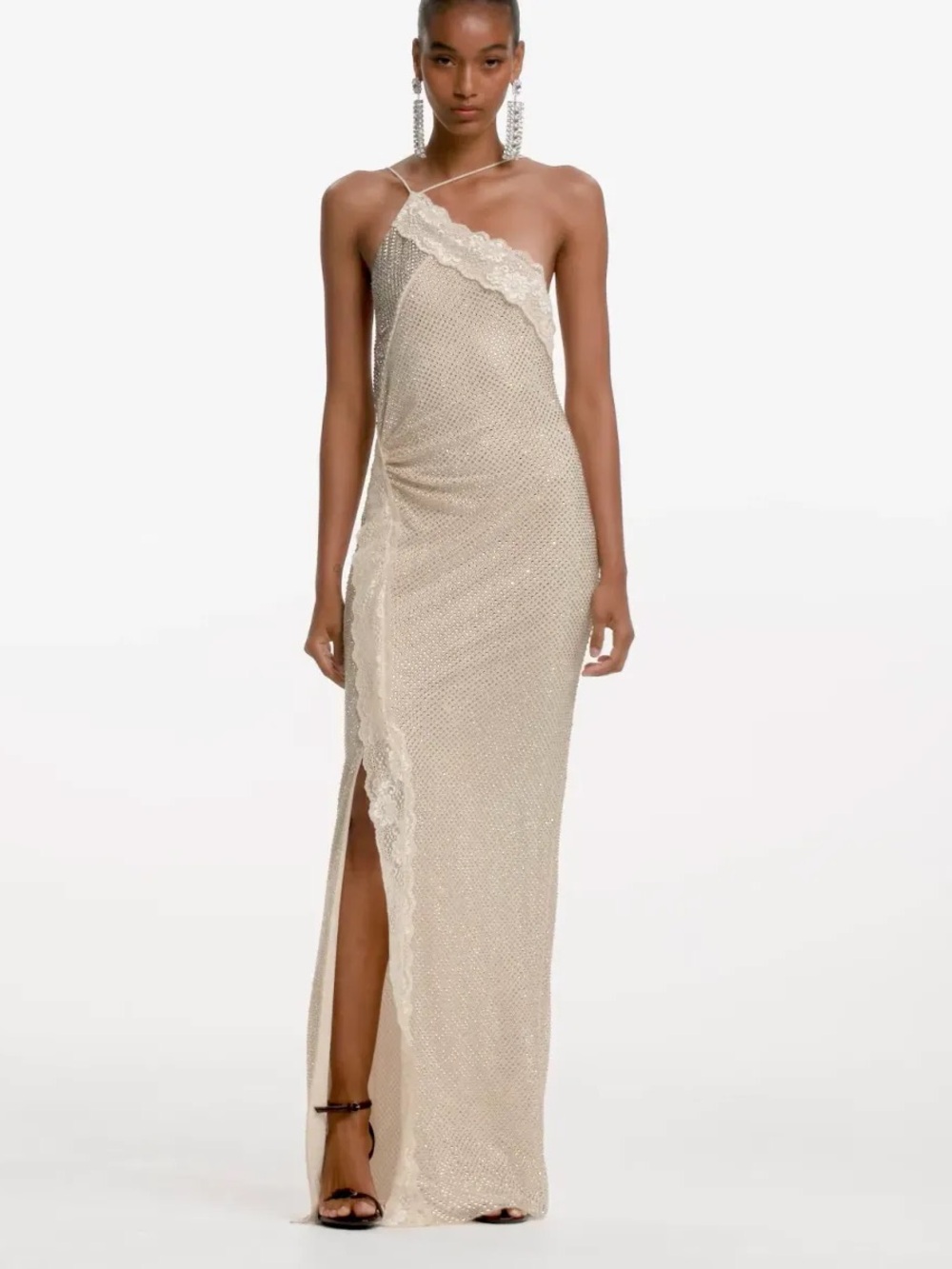 NWT Self-Portrait Champagne Rhinestone Lace Trim One-Shoulder Dress